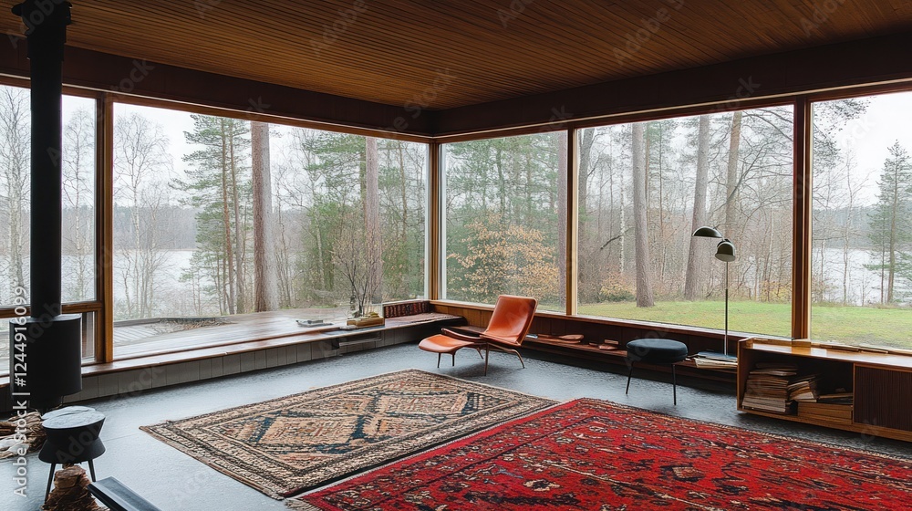 Fototapeta premium Modern living room with panoramic lake views, featuring mid-century furniture, large windows, and wood accents.