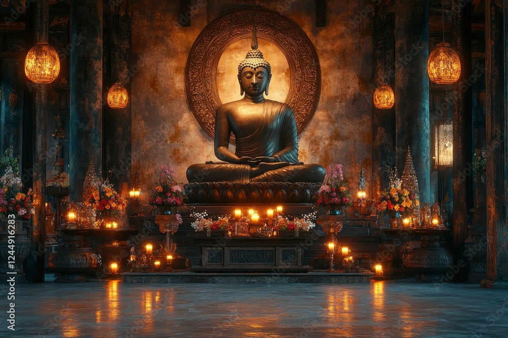 Serene Buddha statue in temple, candles lit, peaceful background, meditation Serene Buddha statue in temple, candles lit, peaceful background, meditation