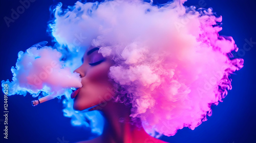 Woman Exhales Smoke in Neon...