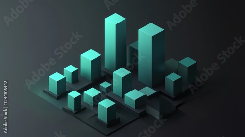 Isometric city skyline at night, teal buildings, dark background.