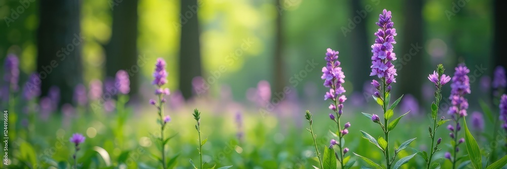 Obraz premium Tall stems of purple flowers in forest clearing, tall, flowers