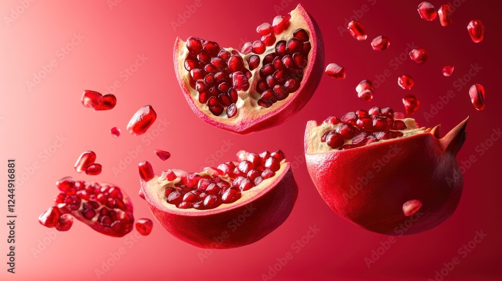 Levitation pomegranate fruit pieces with seeds exploding in air on red background. Levitation pomegranate fruit pieces with seeds exploding in air on red background.