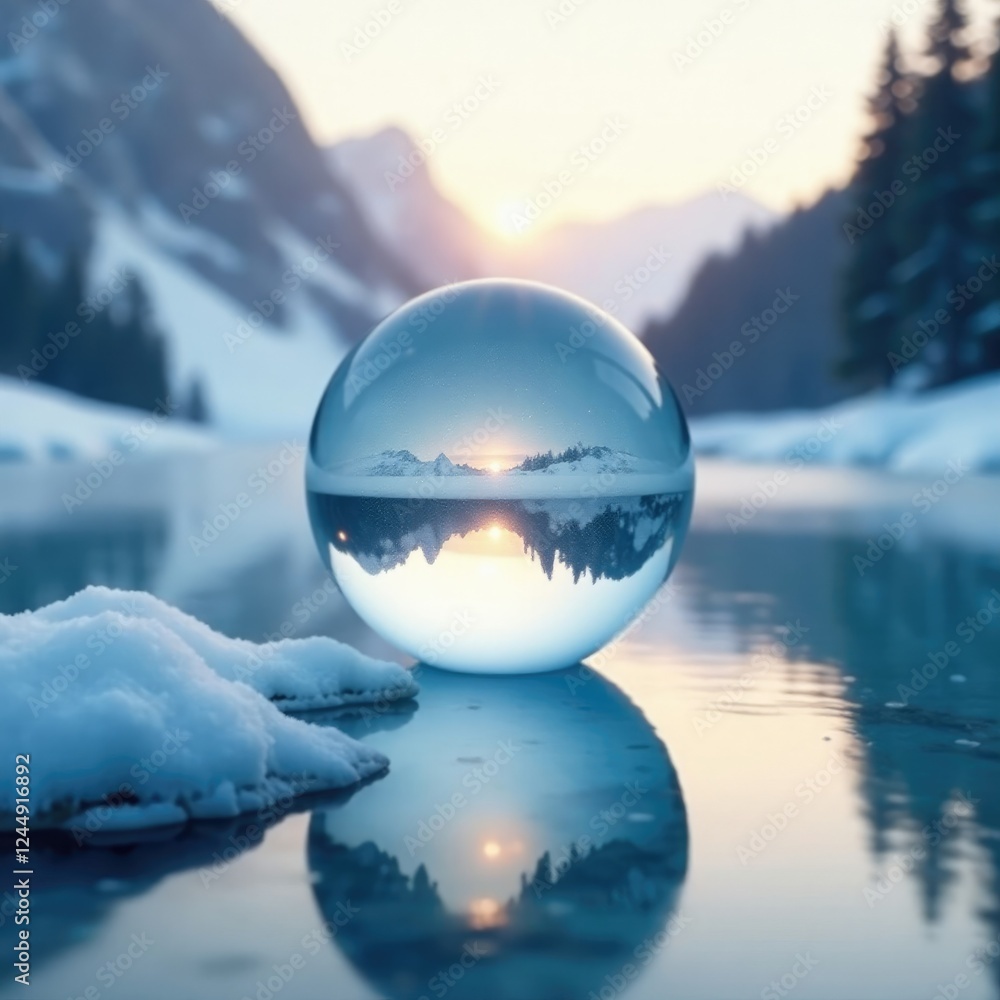 A serene winter landscape reflected in a clear blue glass sphere, glacial, frozen lake, peaceful A serene winter landscape reflected in a clear blue glass sphere, glacial, frozen lake, peaceful