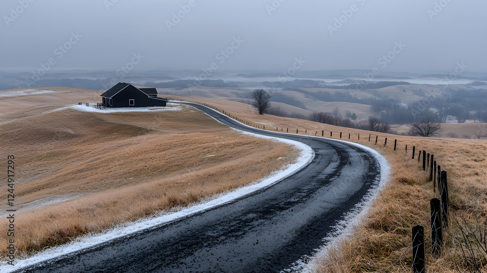 Fototapeta premium Winding road, snowy hills, house, winter landscape, scenic drive