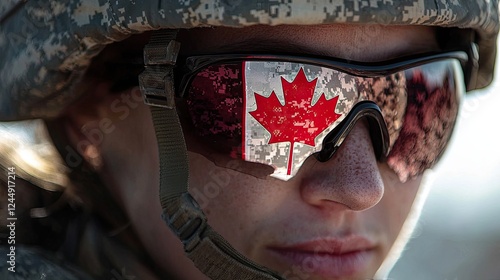 Canadian soldier wearing camouflage and reflective sunglasses with maple leaf design during training in outdoor setting
