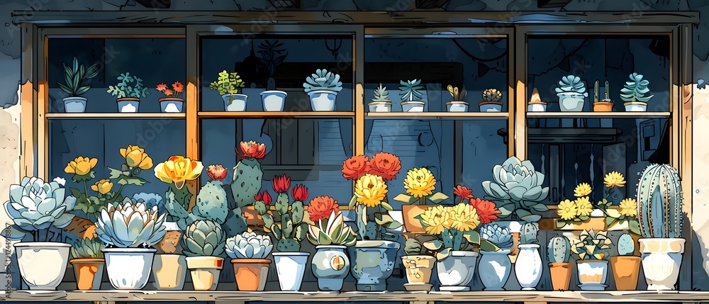 Fototapeta premium Exotic houseplants in ceramic pots on windowsill.