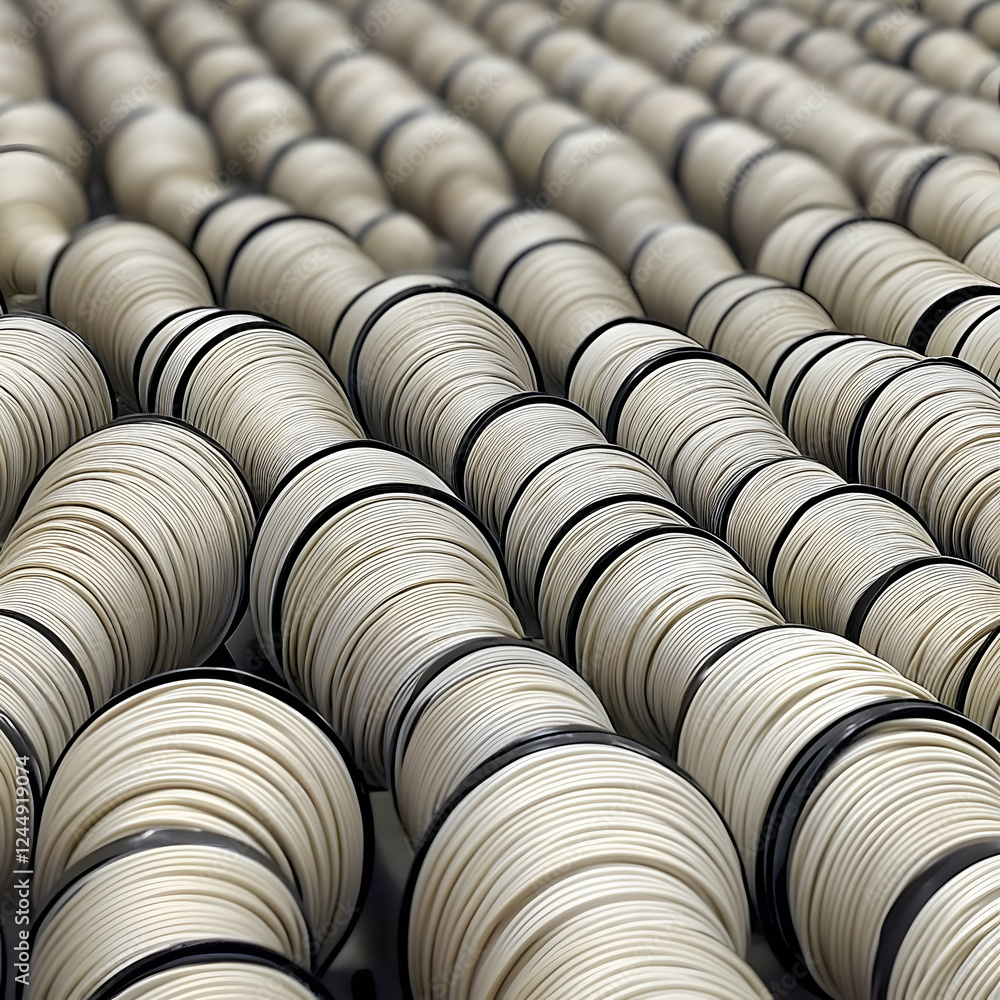 White Cable Rolls Stacked Neatly in a Storage Area, Ready for Use White Cable Rolls Stacked Neatly in a Storage Area, Ready for Use