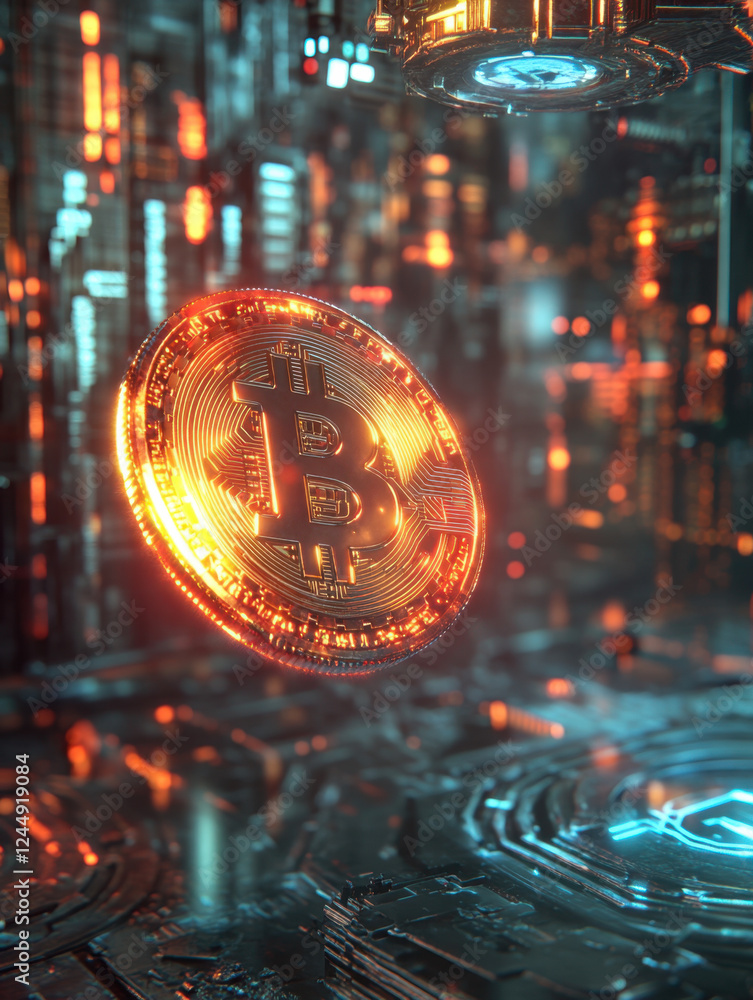 3D render of a glowing Bitcoin coin floating in mid-air surrounded by digital blockchain code with futuristic neon lights 3D render of a glowing Bitcoin coin floating in mid-air surrounded by digital blockchain code with futuristic neon lights