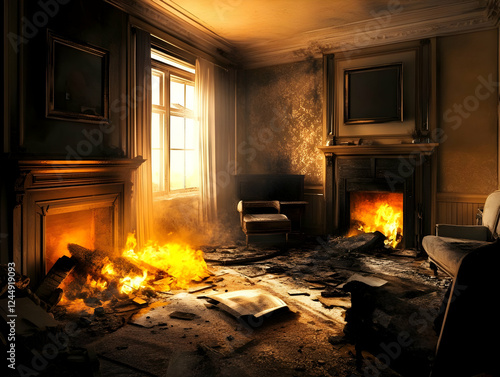 Burning House Interior with...