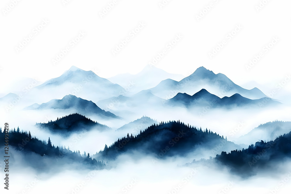 Misty Blue Mountains Embrace Whispering Forests in a Serene Watercolor Landscape Illustration Misty Blue Mountains Embrace Whispering Forests in a Serene Watercolor Landscape Illustration