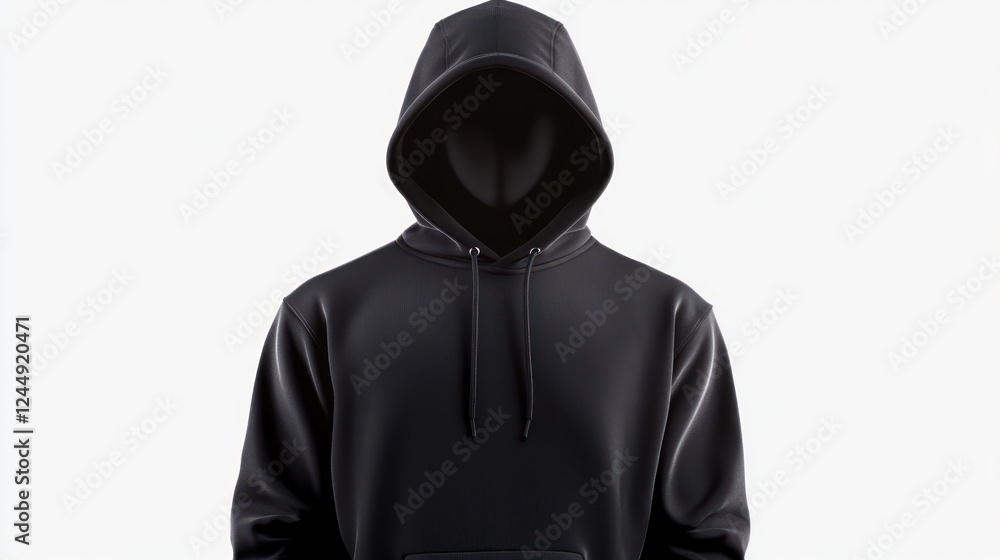 Black hooded sweatshirt, front view, anonymous person, isolated on white background. Black hooded sweatshirt, front view, anonymous person, isolated on white background.