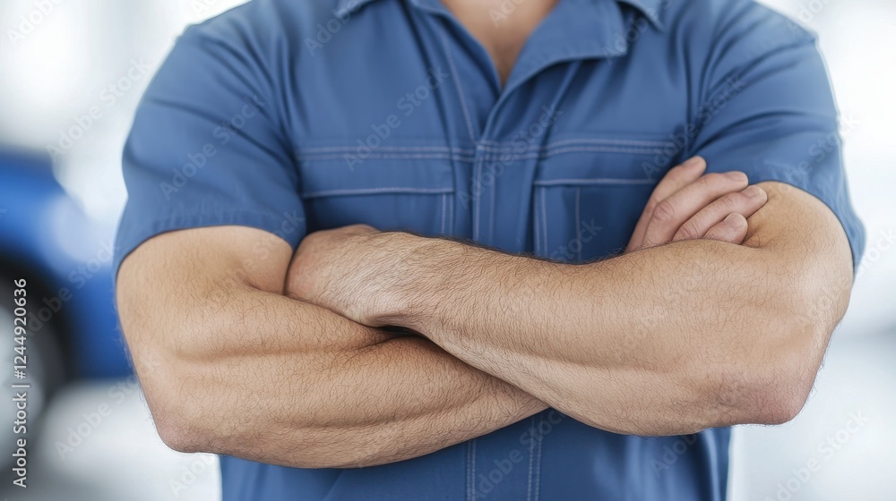 Confident Mechanic with Crossed Arms in Workshop Confident Mechanic with Crossed Arms in Workshop