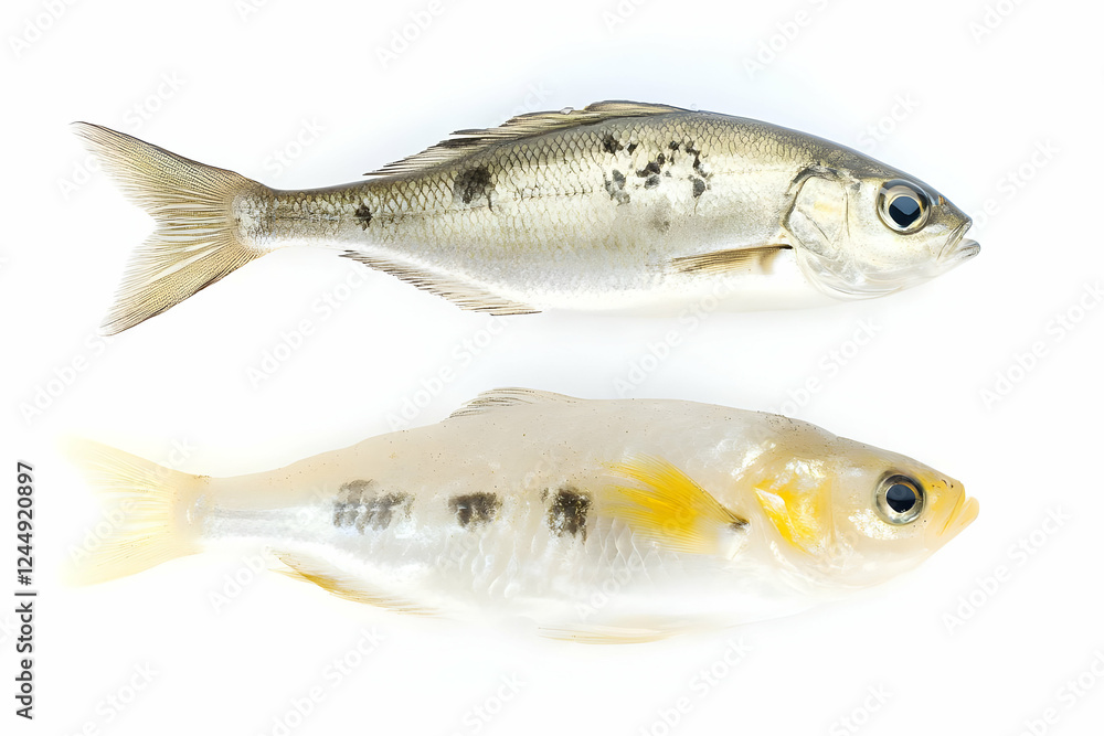Fototapeta premium Two Small Fish Specimens Lie Isolated on a White Background for Scientific Study