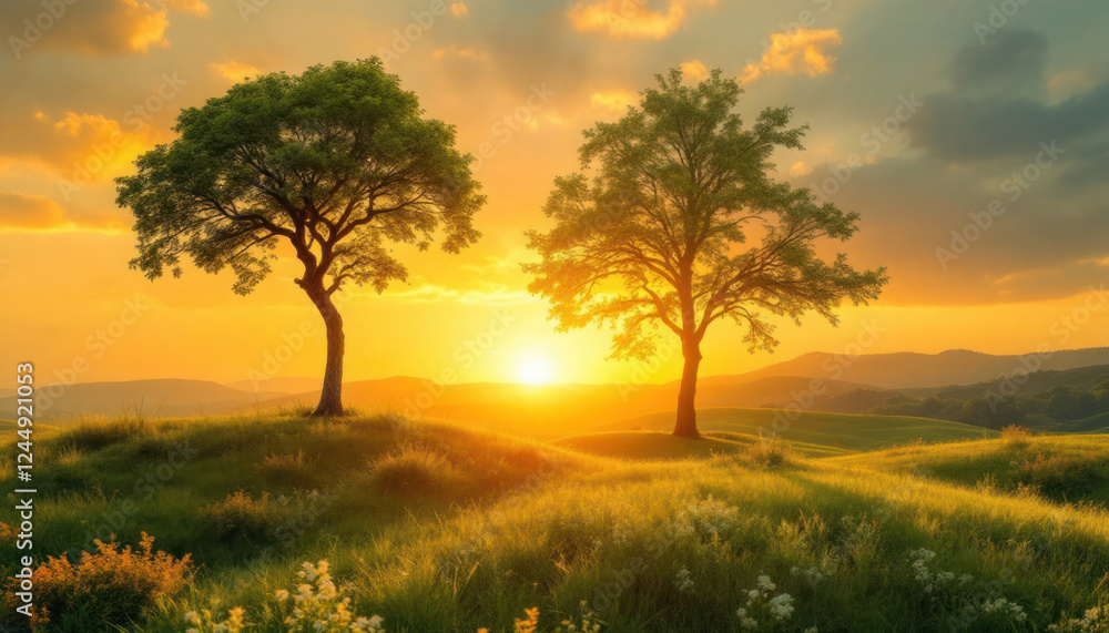 Golden Sunset Over Rolling Hills With Two Trees Golden Sunset Over Rolling Hills With Two Trees