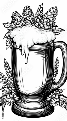 Foamy Beer Mug with Hops Il...
