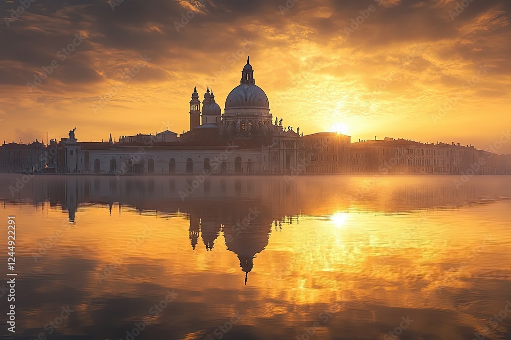 Obraz premium Golden Sunrise Over Venetian Church Reflecting in Calm Water