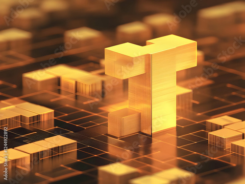Golden Letter T Stands on a...