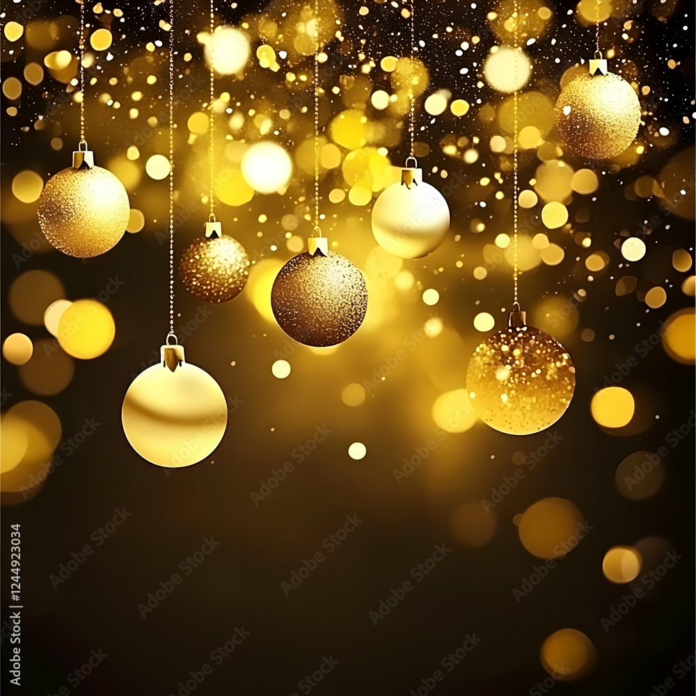 Golden Ornaments Hang Elegantly with Sparkling Lights and Festive Background for Holiday Decorations Golden Ornaments Hang Elegantly with Sparkling Lights and Festive Background for Holiday Decorations