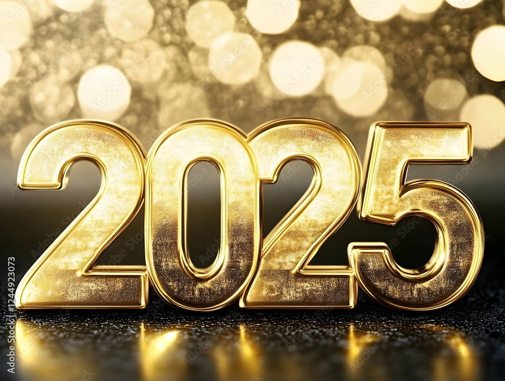 Golden 2025 Numbers Shine on Reflective Surface with Sparkling Bokeh Background Golden 2025 Numbers Shine on Reflective Surface with Sparkling Bokeh Background