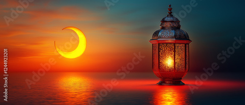 Stunning Ramadan scene with glowing crescent moon and ornate Arabic lantern reflecting on calm water at sunset, symbolizing spirituality, tradition, faith, peace, and celebration. photo