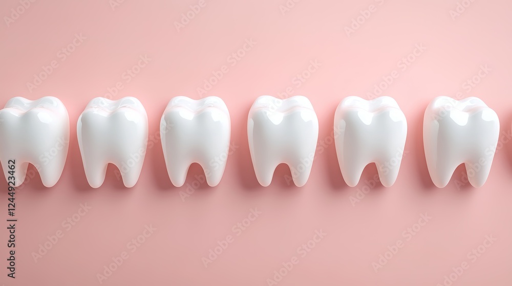 Fototapeta premium 3D Teeth in a Row on Light Pink Background. Ideal for Dental and Medical Themes