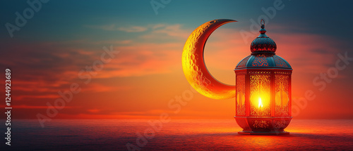 Stunning Ramadan scene with glowing crescent moon and ornate Arabic lantern reflecting on calm water at sunset, symbolizing spirituality, tradition, faith, peace, and celebration. photo