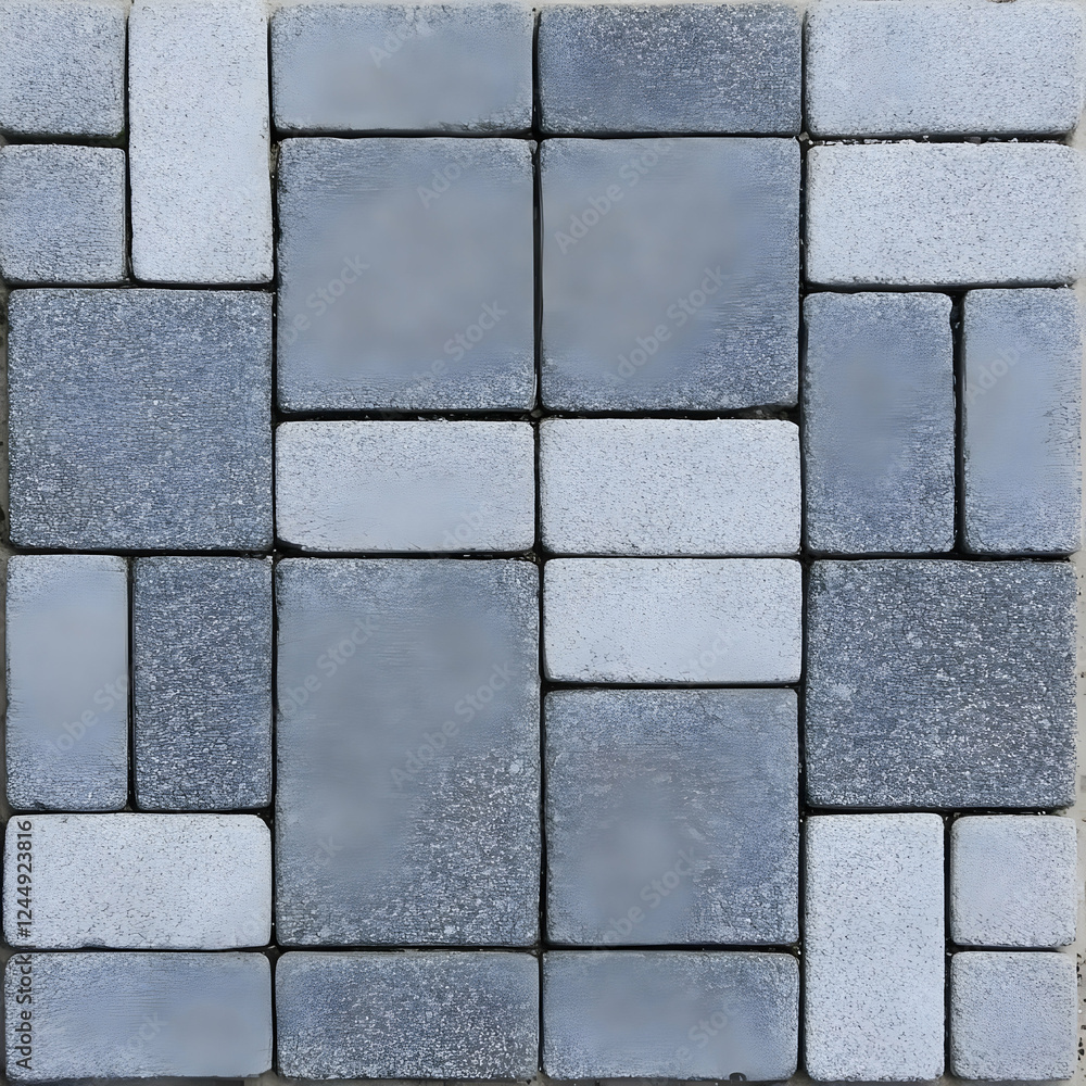Fototapeta premium Gray and White Paving Stones Form a Geometric Pattern, Creating a Textured Surface for Walkways or Patios.
