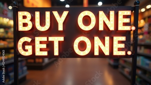 aesthetic sign with the word buy one get one free on a market background photo