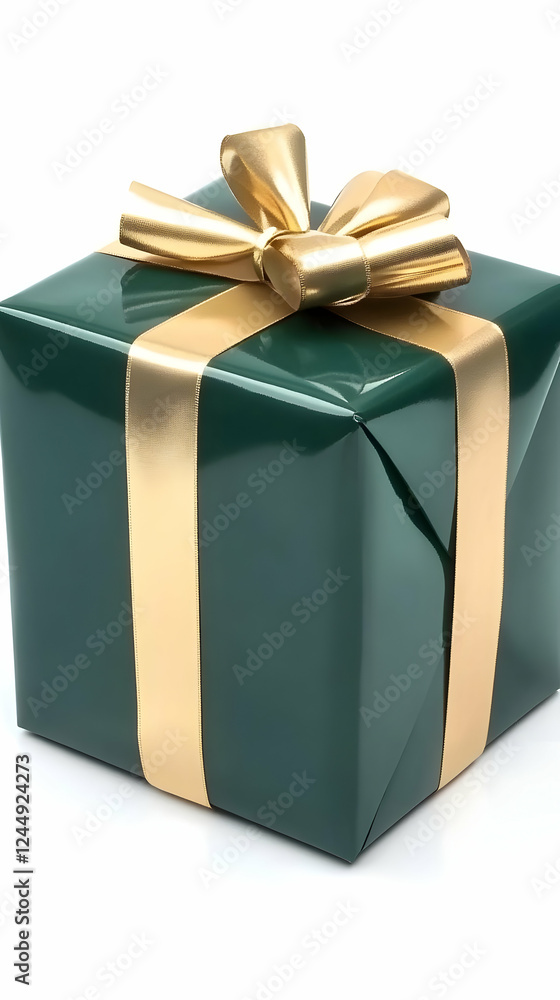 Green Gift Box Wrapped with Golden Ribbon and Bow Isolated on White Background Green Gift Box Wrapped with Golden Ribbon and Bow Isolated on White Background