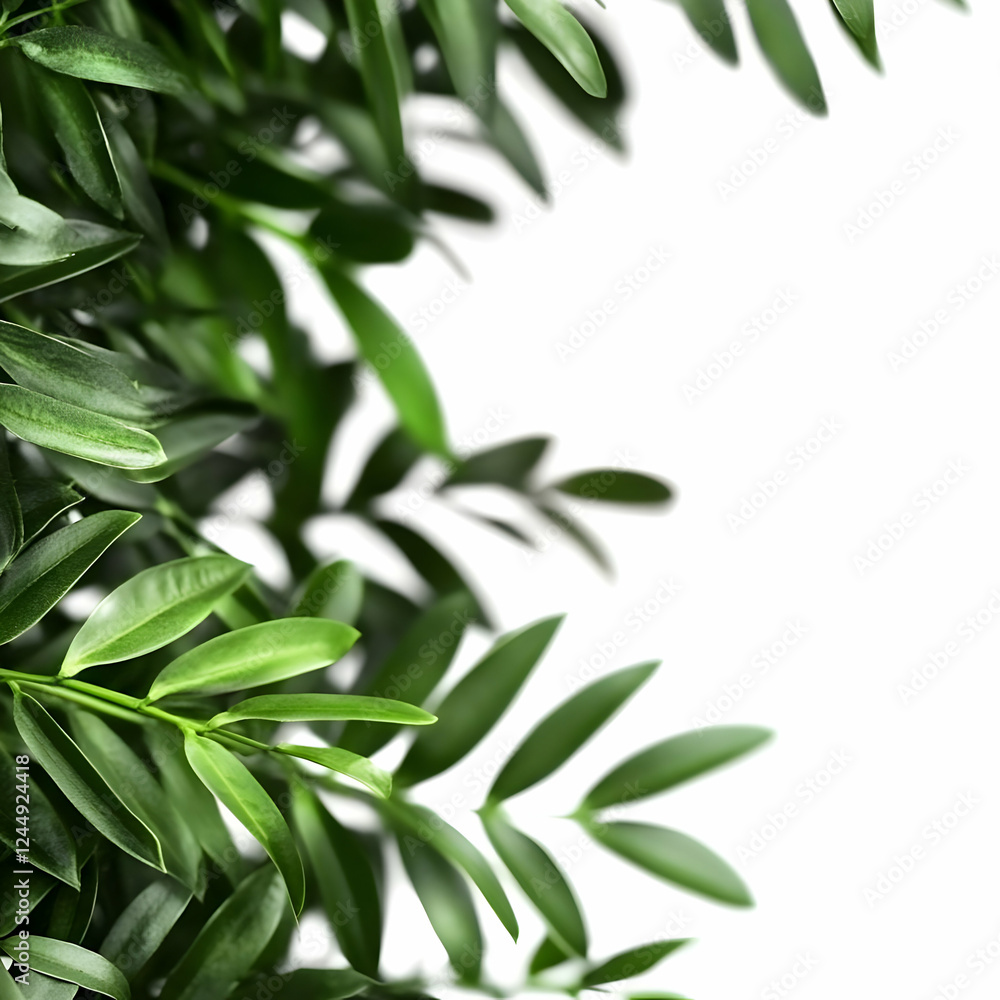 Close-up of Vibrant Green Leaves Forming a Natural Border on a White Background with Soft Lighting. Close-up of Vibrant Green Leaves Forming a Natural Border on a White Background with Soft Lighting.