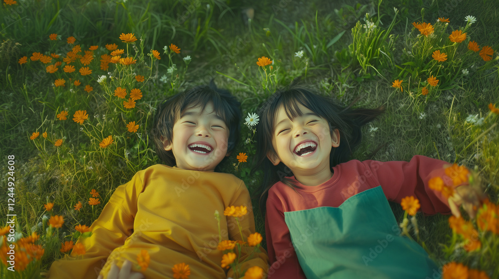 日本人の子ども二人がお花畑の上で寝転んで笑っている写真