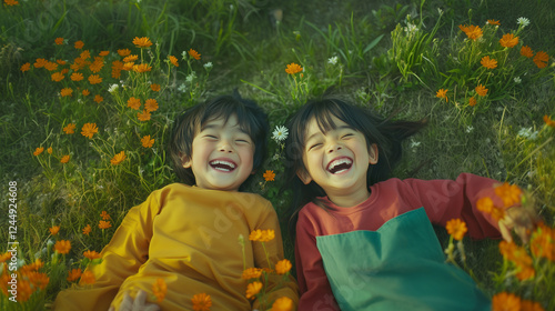 Obraz na płótnie 日本人の子ども二人がお花畑の上で寝転んで笑っている写真 w salonie