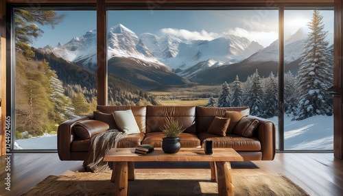 Scandinavian-inspired living room with a light beige sofa, open wooden shelves with neatly a