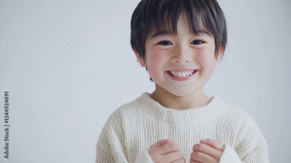 両手で小さくガッツポーズしている笑顔な小学生の男の子 背景白いスタジオ