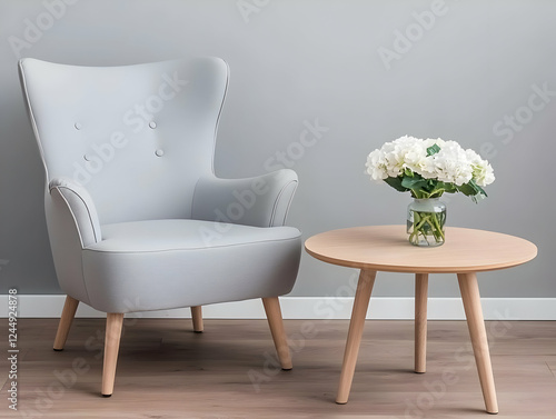 Gray Armchair and Wooden Ta...