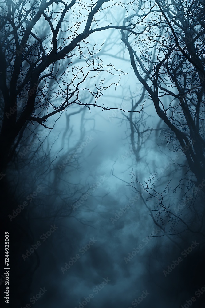 Mysterious and spooky Halloween background featuring dark tangled trees and enveloping fog for thematic designs. Mysterious and spooky Halloween background featuring dark tangled trees and enveloping fog for thematic designs.