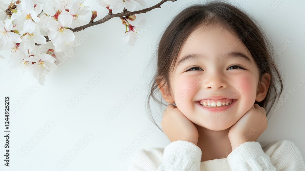 笑顔な小学生の女の子 背景白いスタジオに桜の枝のインテリア テキストスペース多め