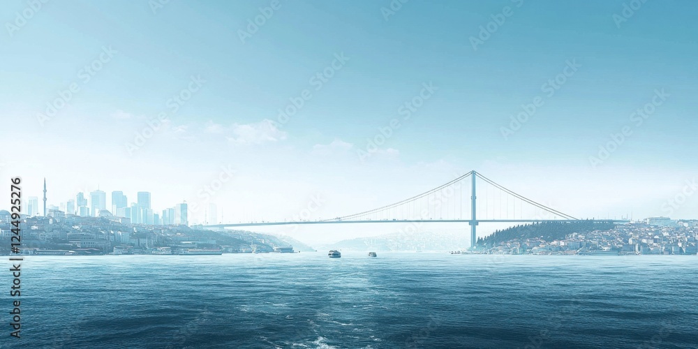Fototapeta premium Majestic View of the Bosphorus Bridge Across the Expansive Sea with Clear Blue Sky, Boats Underneath and Istanbul’s Skyline in the Distance.