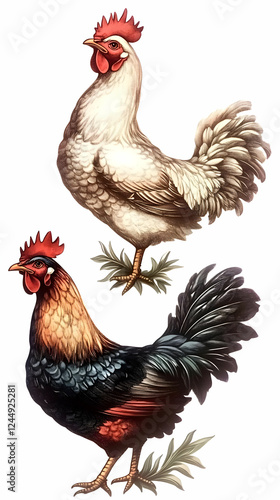 Two Roosters Stand Proudly,...