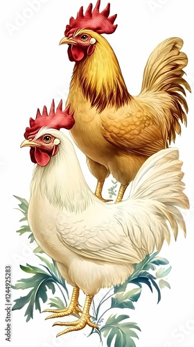 Two Roosters Stand Majestic...
