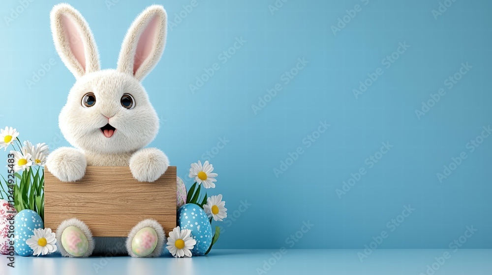 Fototapeta premium Cute fluffy bunny with colorful eggs and flowers on blue background