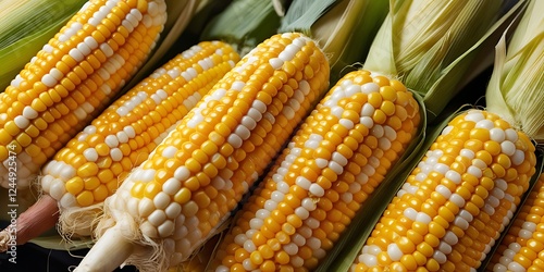 Golden yellow and white corn cobs still attached to their husks, freshly harvested from the farm. A healthy, organic, and natural food staple rich in flavor and nutrition.

 photo