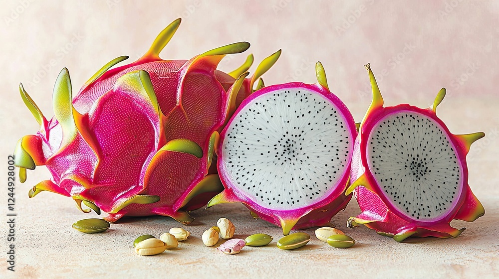 Colorful dragon fruit halves displayed beside whole fruit on a textured surface