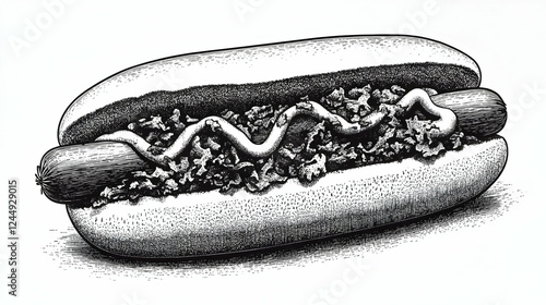 Detailed Ink Drawing of a Hot Dog with Toppings in a Classic Bun photo