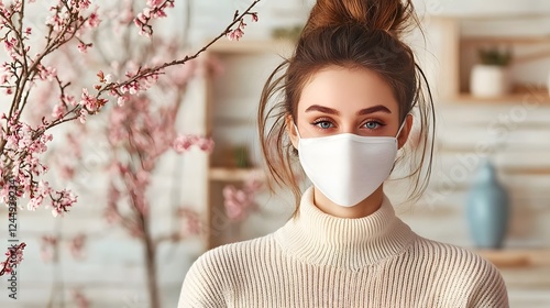 Portrait of a woman wearing a soft pastel colored post surgical facial compression mask set against a serene and elegant home decor backdrop with blossoming branches conveying a sense of wellness photo