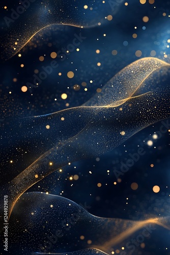Navy blue elegant background with soft gold waves and sparkling dots.