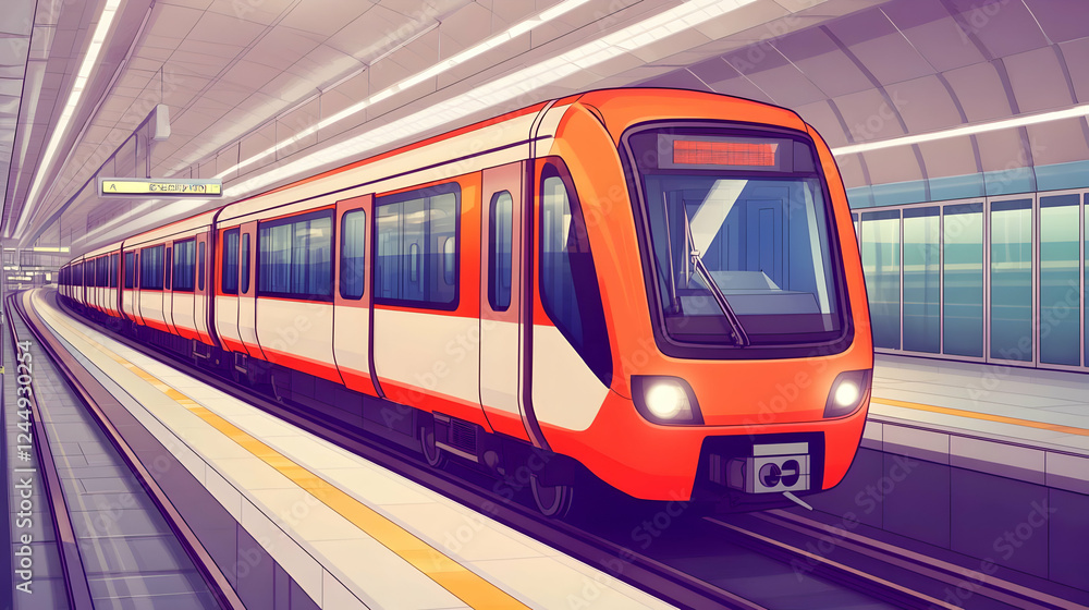 Naklejka premium Modern Subway Train Arrives at Platform in Underground Station with Illuminated Interior