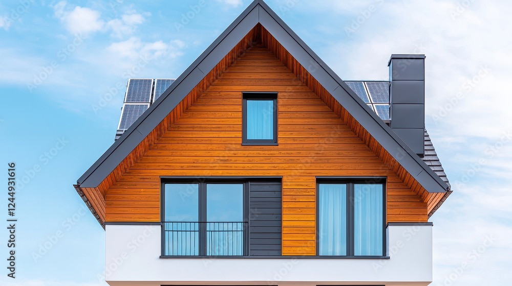 Modern Wooden House with Solar Panels on Roof Modern Wooden House with Solar Panels on Roof
