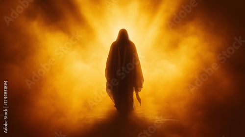 Mystical backlit silhouette of Jesus Christ in glowing golden clouds, symbolizing resurrection, Easter, divinity, faith, spirituality, religious devotion, hope, peace, and salvation.