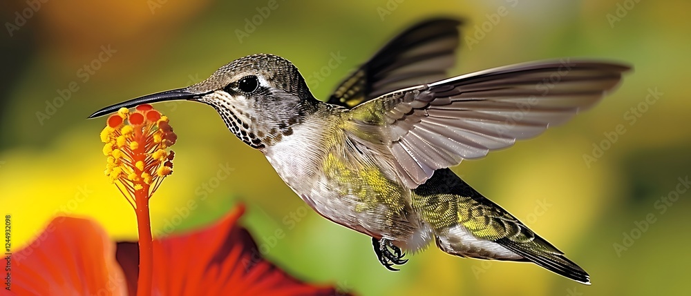 Fototapeta premium Hummingbird hovering near red hibiscus flower.